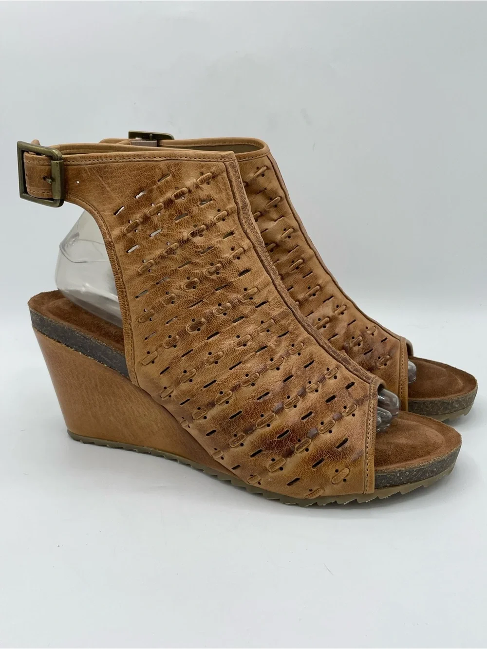 Diba True Need Be Tan Distressed Boho Perforated Leather Wedge Sandals.